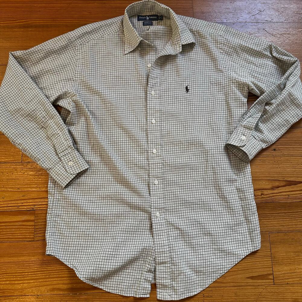 Ralph Lauren brown neutral checked long sleeve button up‎ shirt SIZE M